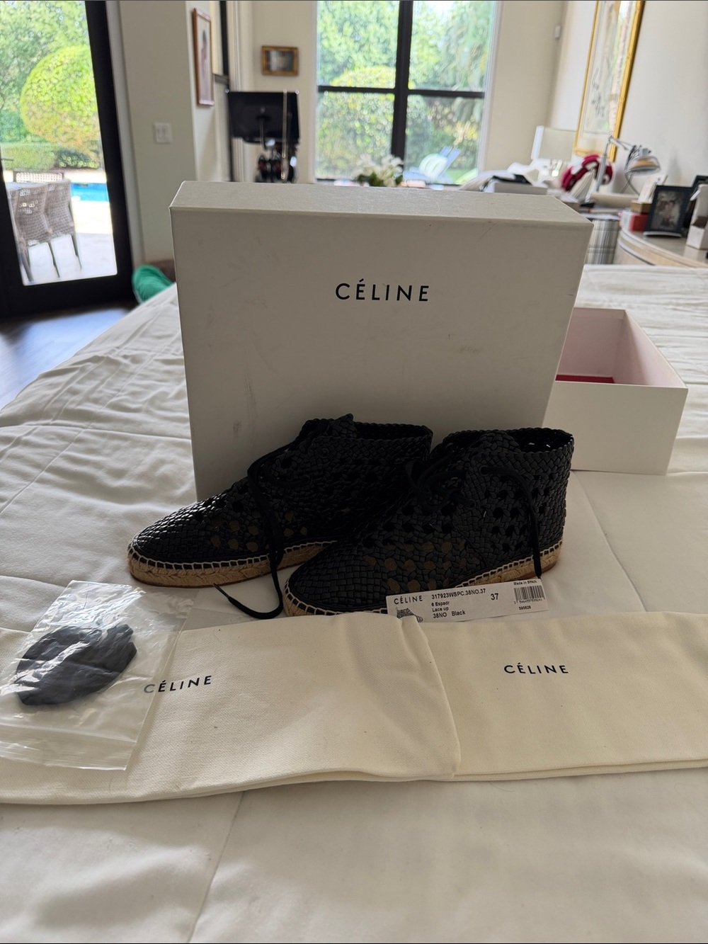 Celine Black Woven Espadrille Shoes with Cream Dust Bags